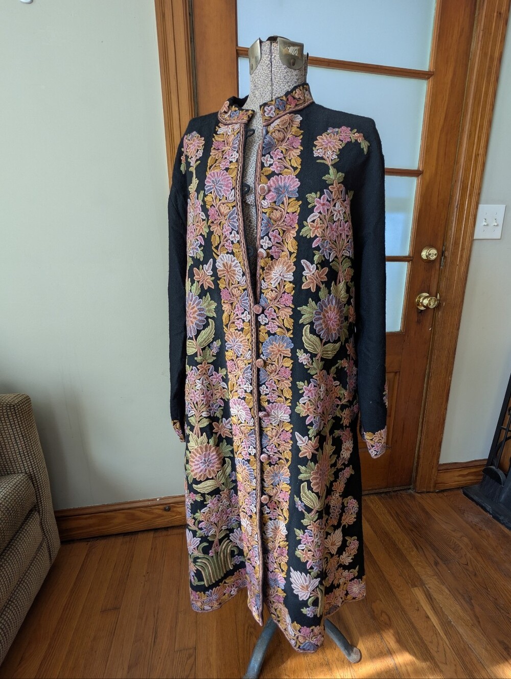 Embroidered Floral Long Coat - Black with Pink & Gold Accents